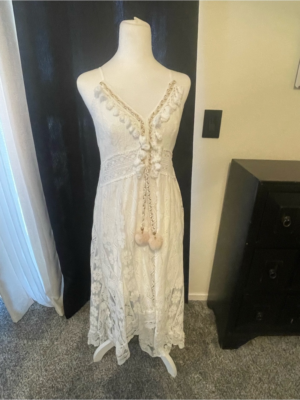 Boho Lace Pom-Pom Maxi Dress - Ivory